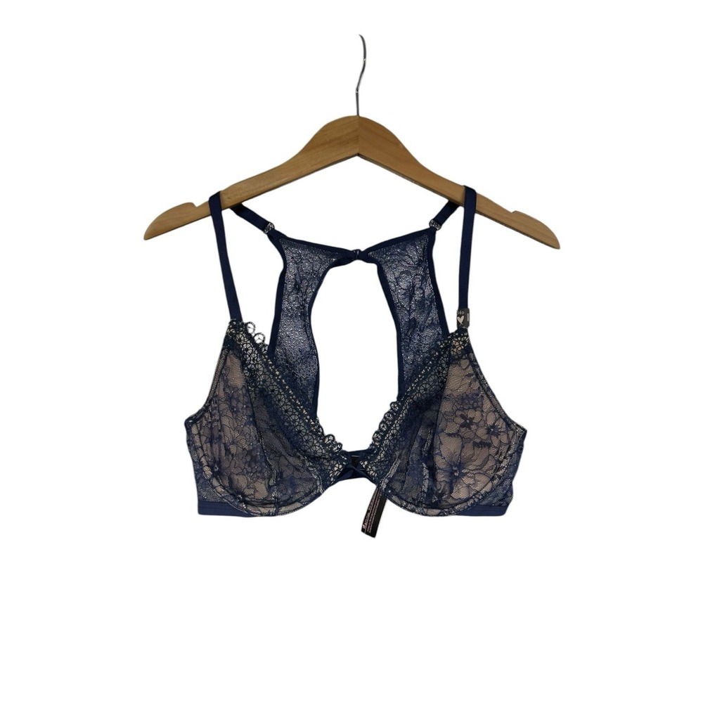 Victoria's Secret Very Sexy Unlined Plunge Bra Navy Blue Lace Womens 34D